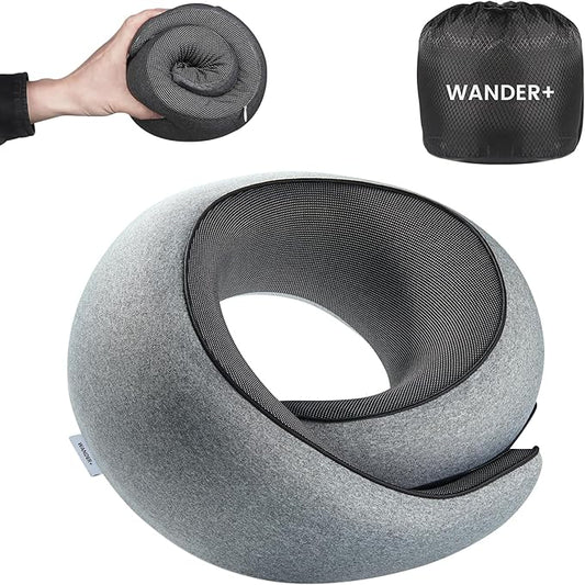 WANDER PLUS® Travel Neck Pillow, Pure Memory Foam Neck Pillow for Airplanes, Comfortable Breathable Cover, 360 Degree Support Ergonomic Design Best for Sleeping Plane Train Travel Essentials Max Grey