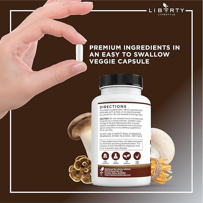 Lions Mane Mushroom Supplement with Turkey Tail Reishi Cordyceps Chaga with Marshmallow Root - 1-Pack