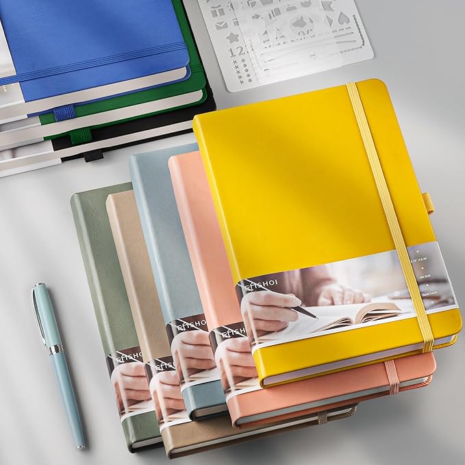 EMSHO A5 Hardcover Leather Dotted Journal - 320 Page Dot Grid Notebook for Women & Men, 100GSM Thick Paper, Ideal for Bullet Journaling, Work Notes, Sketching, Diary, School & Travel-yellow