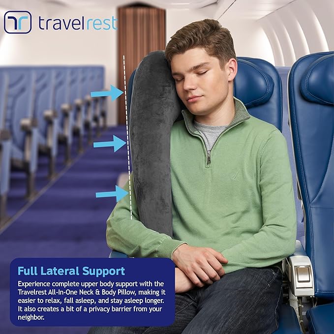 TRAVELREST All-in-One Neck & Body Pillow - Advanced Support and Comfort Design, Travel Essentials, Memory Foam, Inflatable, Airplane & Car Seat, Sleeping on Long Flight & Trips, Travel Pillow - Grey