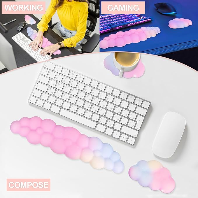 Cloud Wrist Rest Set for Keyboard and Mouse, Includes Cute Coaster, with Computers and Laptops（Colorful Set）