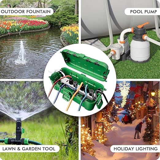 RESTMO Outdoor Electrical Box, IP54 Weatherproof Extension Cord Cover with 6 Cable Entry Ports, Waterproof Connection Box Protect Power Strip, Timer, Plug, Holiday Lights, (11.5x5.2x4 inch), Green