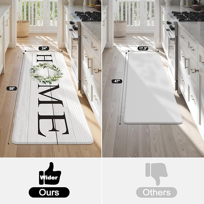 KIMODE Kitchen Mats Cushioned Anti Fatigue 24" x 59", Farmhouse Kitchen Rugs Runner Stain Resistant, Wide Ergonomic Standing Long Non Slip Waterproof Kitchen Floor Mat for Sink Laundry, White