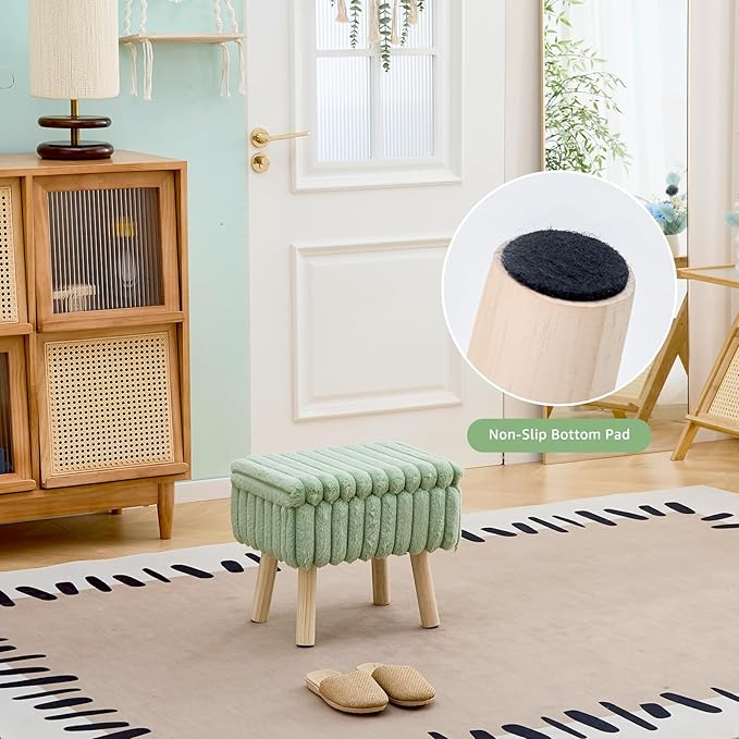 Wimarsbon Storage Ottoman,Soft Faux fur Footstool with Padded Seat, Small Reading Vanity Chair, Footrest with Wood Tray for Couch, Mini Coffee Table or Display Stand (Light Green, Rectangular Storage)