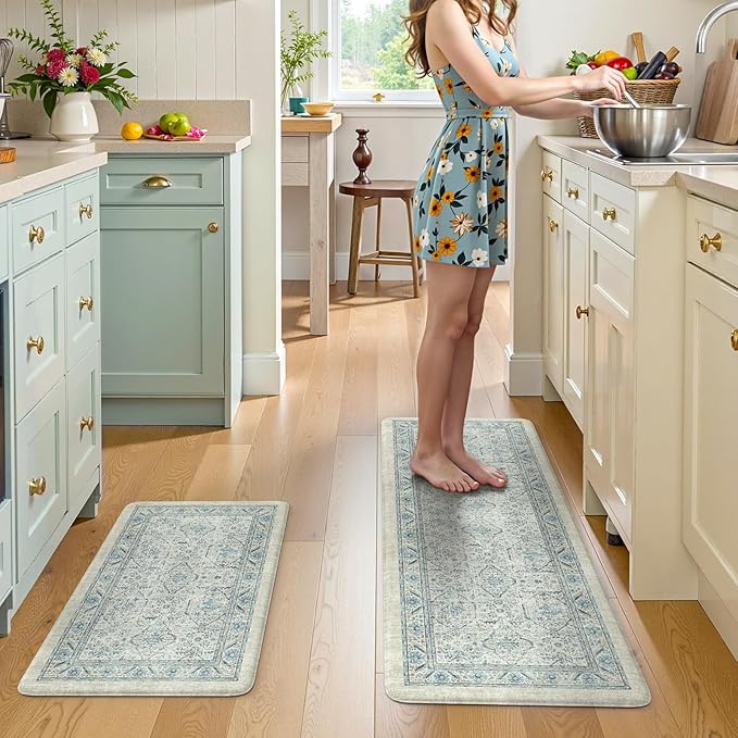 KIMODE Anti Fatigue Kitchen Mats for Floor, Boho Vintage Kitchen Rugs Sets of 2, Cushioned Kitchen Floor Mats Non Slip, Comfort Rugs for Kitchen Floor, Sink, Laundry, Desk Blue 17"x47"+17"x29"