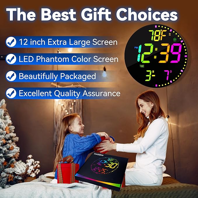 Kasbin 12 Inch Large Digital Wall Clock with Remote Control, RGB Color, Alarm, Timer, Date, Temperature, LED Display for Classroom, Living Room, Bedroom, Gift for Elderly (Black Mirror, 12")