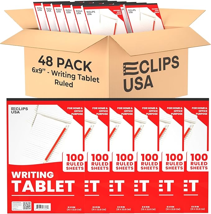 E-CLIPS USA Notepads, Ruled Writing Tablet, Note Pads 6 x 9, Small Notepads, Memo Pad, White, Chipboard Back, Writing Pad, Office Supplies, 100 Sheets Per Pad (48 Pack)