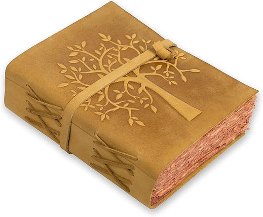 LEATHER VILLAGE Tree of Life Journal - 8"X6" (A5) inches - Sun Tan - 200 Antique Deckle Edge Handmade Paper – Book of Shadows - Vintage Leather Bound Journal for Women & Men