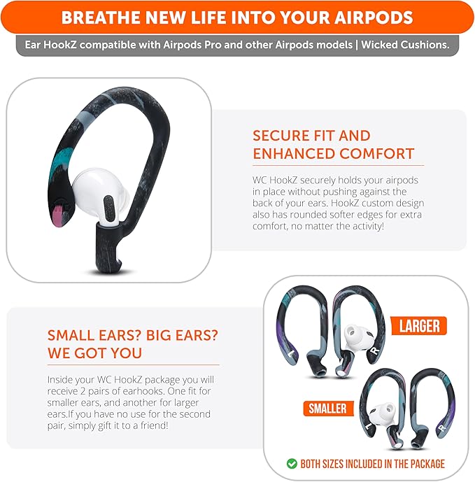 WC HookZ - Patented Upgraded Over Ear Hooks for AirPods Pro 1, 2 & AirPods 1, 2 & 3- Two Size Pairs Included in Package, Unique Left & Right Hook, Made by Wicked Cushions | 90's Black
