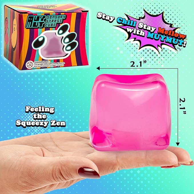 Sensory Stress Cube – High-Density Gel-Filled Ice Cube Squishy Fidget Toy for Anxiety Relief, Slow Rising, ADHD & Focus Aid, for Kids & Adults – 2.1", 1Pc, Pink