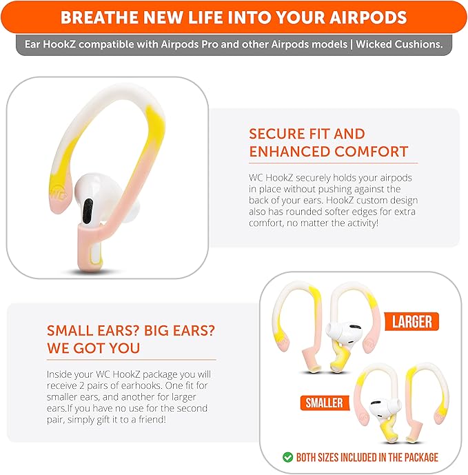 WC HookZ - Patented Upgraded Over Ear Hooks for AirPods Pro 1, 2 & AirPods 1, 2 & 3- Two Size Pairs Included in Package, Unique Left & Right Hook, Made by Wicked Cushions | Yellow Starburst