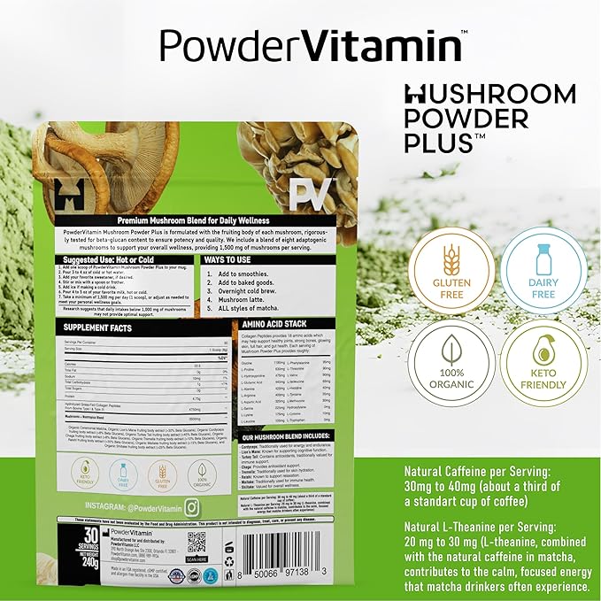 Organic Ceremonial Mushroom Matcha Certified Pesticide-Free Grass-Fed Collagen Types I & III 8 Fruiting Body Mushrooms Tested for Beta-Glucans Focus Digestion & Immunity 30 Servings