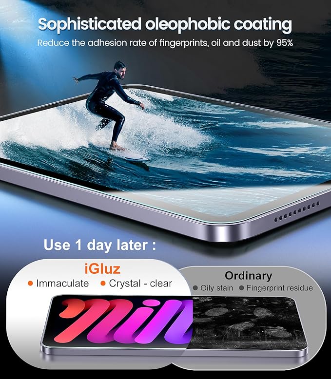 iGluz 2 Pack for iPad Mini 8.3"(A17 Pro 7th/6th Gen 2024/2021) 9H+ Tempered Glass Screen Protector with Easy-Install Box[12FT Grade Shatterproof] Apple Pencil Compatible,HD Clarity,Scratch Resistant