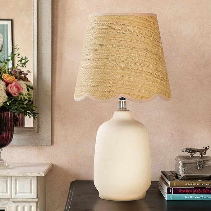 Pia Ricco 19" Modern Ceramic Table Lamp for Living Room Cream Base Desk Lamps for Bedroom Farmhouse Bedside Nightstand Lamp End Table Lamps,Beige,Rattan Shade