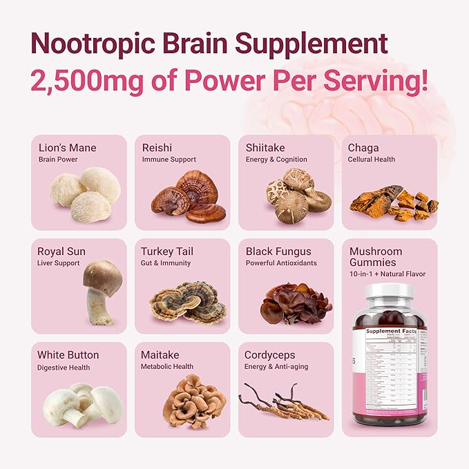 World's First Mushroom Complex Gummies - 10x Mushroom Supplement w Lions Mane (90 Chews 2500mg/serving) Nootropic Brain Supplement, Immune Support & Stress Relief - Replace Pills & Capsules