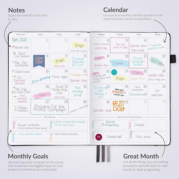 GoGirl Planner PRO - Undated Horizontal Layout Weekly Planner and Organizer + Budgeting and Expense Tracking Pages, Goals Journal & Agenda, 7" x 10" Hardcover, Lasts 1 Year - Black