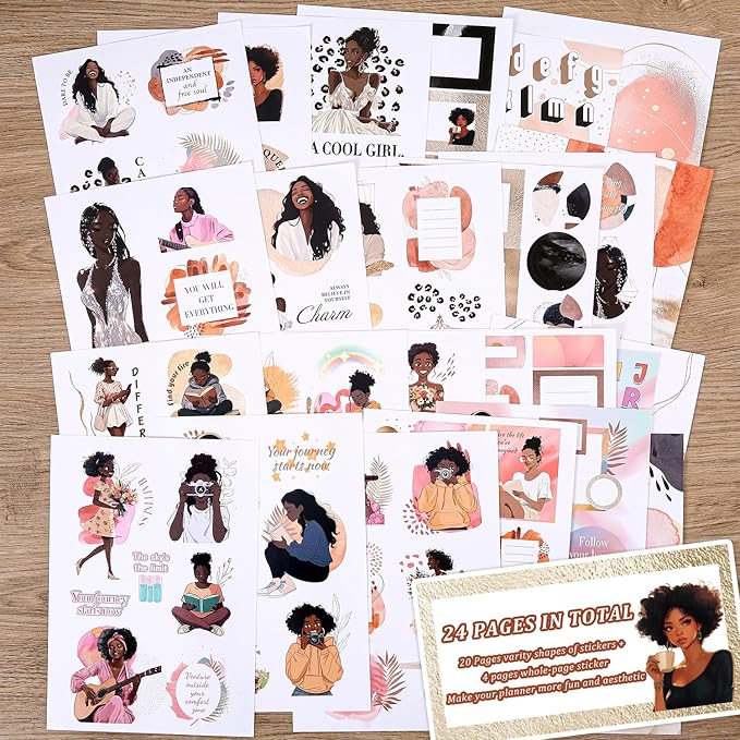 Black Girl Decal Stickers Book For Planners, Calendars, Journals, Vision Boards, Projects, Laptop & Water Bottles – Premium Quality, Hand Drawn, Waterproof – Scrapbook Accessories For Women - 24 Pages