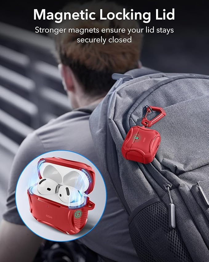 ESR for AirPods 4 Case, Compatible with AirPods 4th Generation Case (2024), Compatible with MagSafe, Powerful Drop Protection, Magnetic Lid, Cyber Series, Red