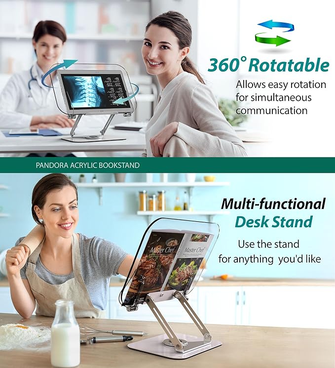 Acrylic Book Stand with 360° Rotating Body, Foldable Book Holder, Recipe and Laptop, Support up to 8.8 lb, Clear Stylish Ergonomic Design