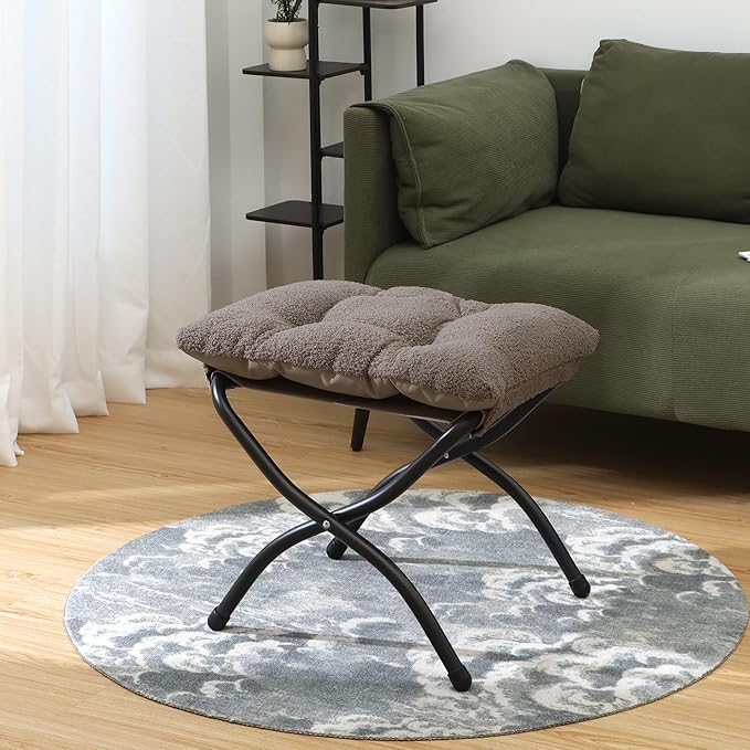 15"(H) Folding Ottoman, Foldable Footrest Stool, Portable Small Foot Stool for Couch, Collapsible Foot Rest Ottoman for Sofa, Padded Ottomans for Home, Living Room, Bedroom, Light Brown