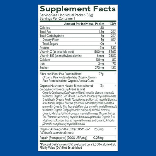 OM MUSHROOM SUPERFOOD Master Blend Mushrooms & Adaptogens, Creamy Vanilla Plant Protein, Single Serve, 10 Count, 10 Mushroom Complex, Lion's Mane, Ashwagandha, Stress Relief, GLP-1 Support