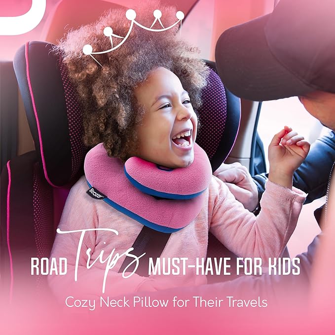 BCOZZY Kids Chin Supporting Travel Pillow for Ages 3–7- Patented Soft Neck Pillow for Head and Chin Support in Car Seat and Airplane. Comfortable Travel Essential. Small Size, Bag, Light Blue