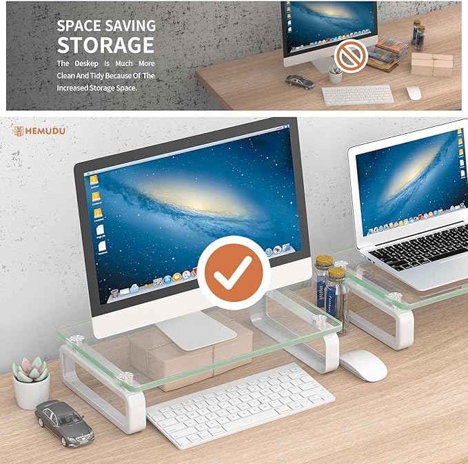 Hemudu 2 Pack Computer Monitor Stand Riser Multi Media Desktop Stand for Flat Screen LCD LED TV, Laptop/Notebook, with Tempered Glass and Metal Legs,HD02T-201