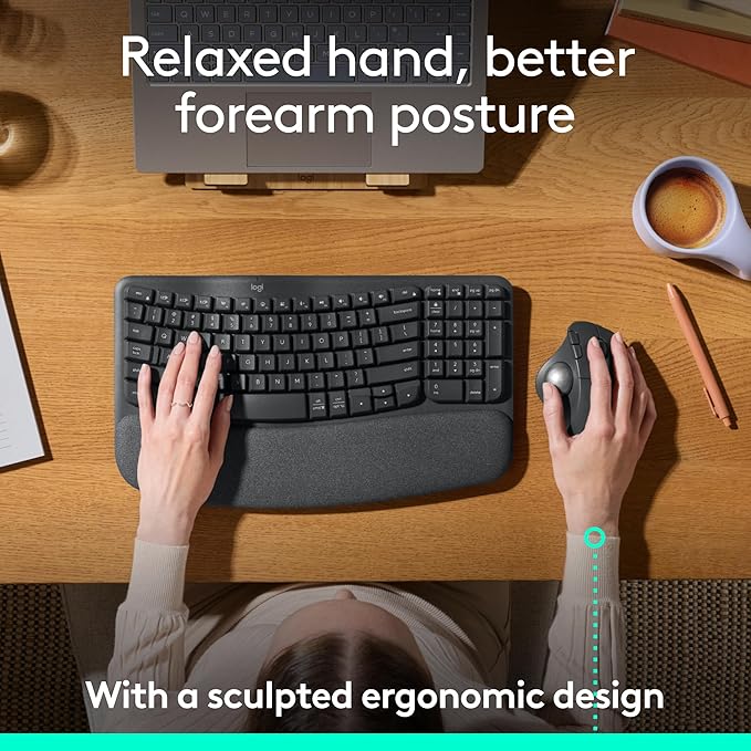 Logitech Ergo M575S Wireless Trackball Mouse, Wireless Ergonomic Mouse with Bluetooth and Encrypted Dongle, Comfortable Thumb Control, Precise and Smooth Tracking, for PC/Mac - Black Silver Ball