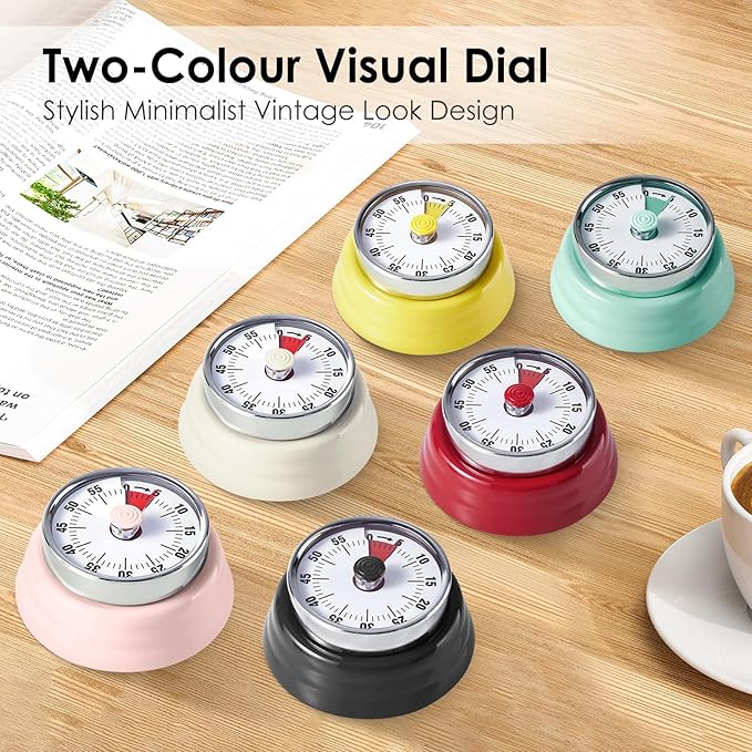 Visual Timer, Teeloray 60-Minute Countdown Timer, Kitchen Timer with Magnetic Base, Mechanical Clockwork, Ringer Alert, Time Management Tool for Children and Adults, Study/Work/Cooking (Pink)