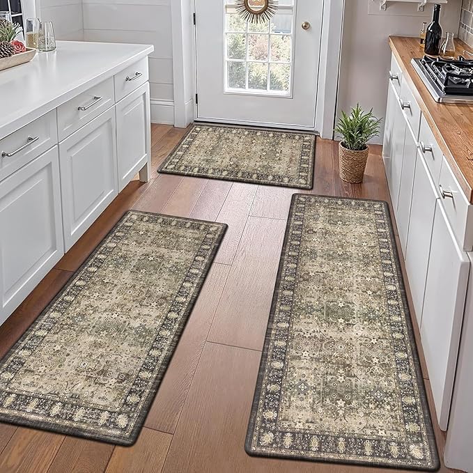 Pauwer Anti Fatigue Kitchen Mat Set of 3 Non Slip Kitchen Mats for Floor Cushioned Kitchen Rugs Comfort Standing Mat Farmhouse Waterproof PVC Foam Kitchen Floor Mat Runner, Multi Brown