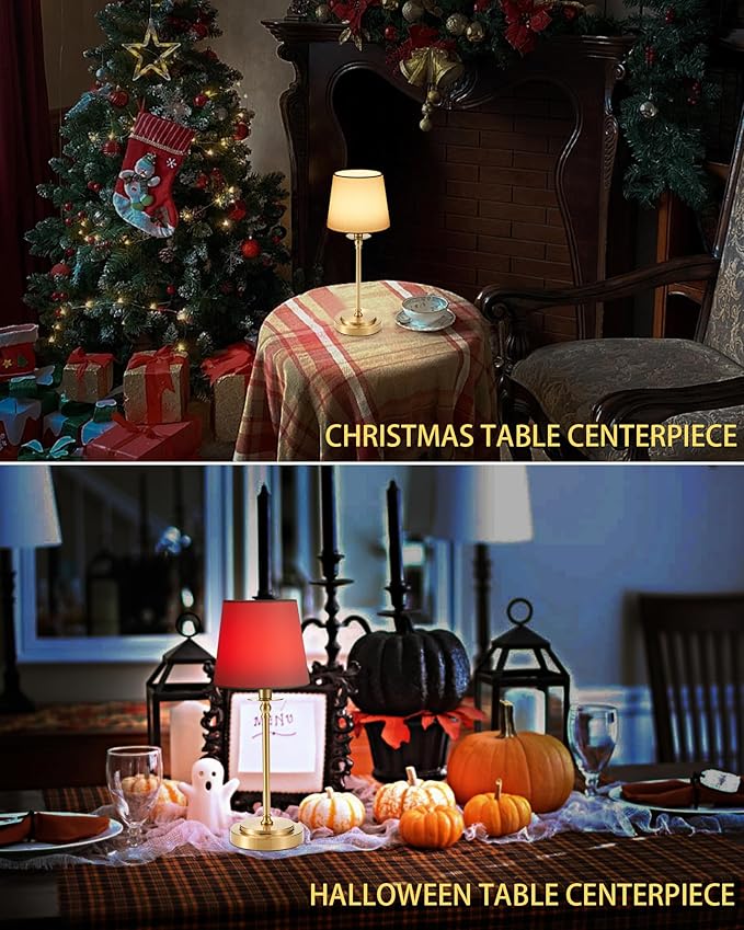 Egobasic Cordless Rechargeable Table Lamp with Remote, Small Portable Battery Operated Lamp with Timer, 12 RGB Lighting Dim, Restaurant Dining Bed Side Table Night Lights, Fabric Shade, Antique Brass