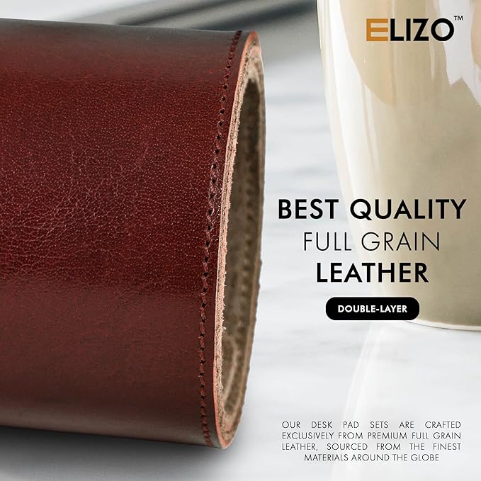 Elizo Leather Desk Mat Desk Pad Blotter Set - Real Full-Grain Leather (32x16) 2-Layer Genuine Desk Cover Protector & Large Mouse Pad | Computer Keyboard Desk Accessories for Office & Home