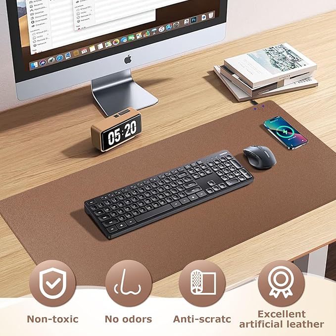 Wireless Charging Mouse Pad Firelison 2 in 1 Leather Multifunctional Office Desk Pad with Non-Slip Rubber Base, Waterproof Desk pad for Computers/Office/Work/Home/Decor（ 32" x 16"Buff - R）