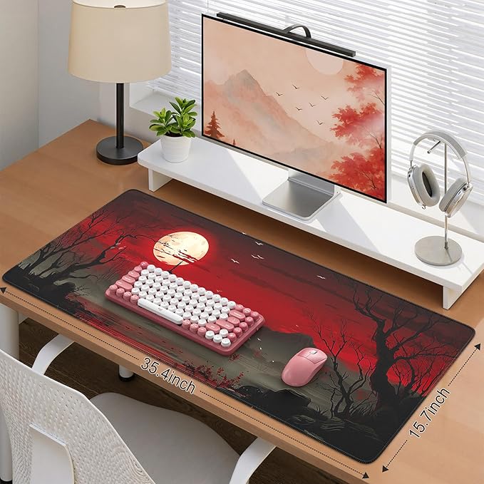 iCasso Desk Protector Mat, Large Japanese Mouse Pad, Stable Rubber Base Mousepad with Stitched Edges, Keyboard Mouse Mat Desk Pad for Work, Game, Office, Home(Full Moon)