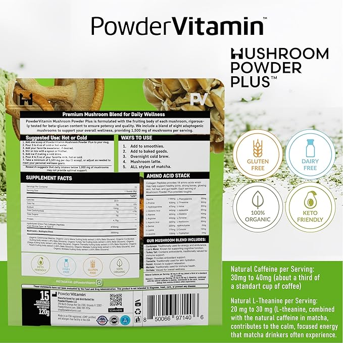 Organic Mushroom Matcha Powder Certified Pesticide-Free Grass-Fed Collagen Types I & III, 8 Fruiting Body Mushrooms Tested for Beta-Glucans Focus Digestion & Immunity 15 Servings