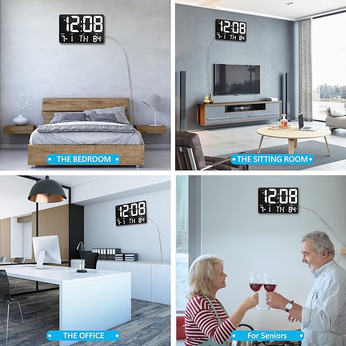 Amgico Digital Alarm Clock with Snooze, Temperature, Auto Dimming, 11.5" Large Display Calendar, Desk/Wall Clock for Bedroom, Living Room, Office, Home, Classroom, Kids, Elderly - White