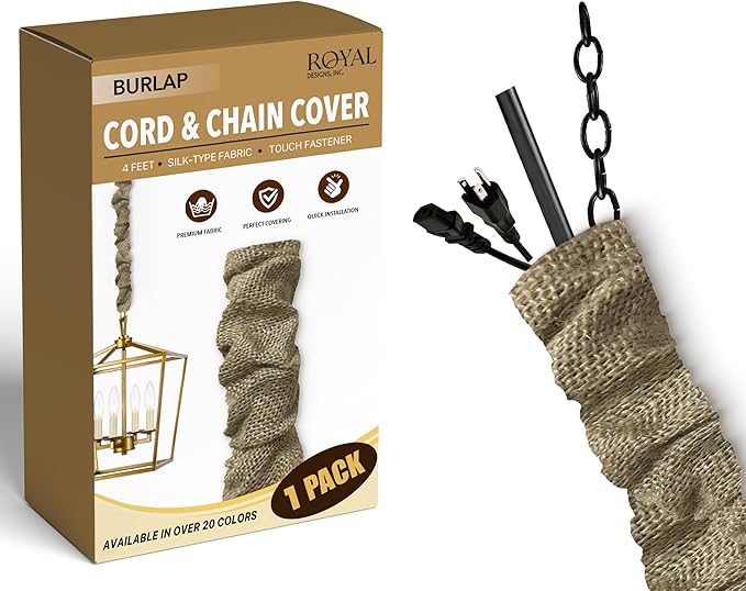 Royal Designs, Inc. Cord & Chain Cover 4 ft Silk Type Fabric, Chandelier Pendant Lighting Chain & Cable Management, Touch Fastener, Burlap - 1 Pack