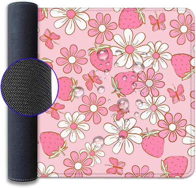 Strawberries and Flowers Extended Desk Pad Mouse Pad,Large Gaming Butterfly Floral Mouse Mat with Stitched Edges,Non-Slip Rubber Base Mousepad for Office PC Keyboard Laptop Home