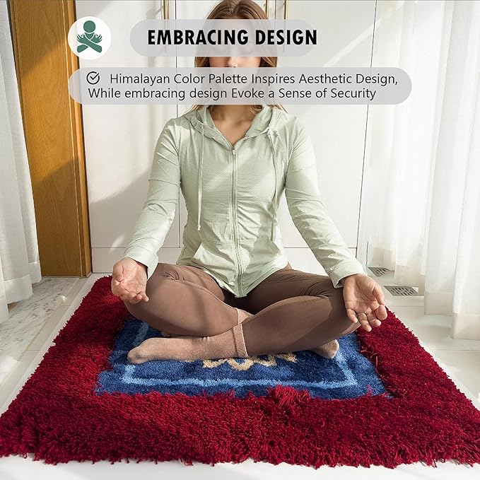 Himalayan Series Square Rug 3x3 | Luxury Meditation Rug Mat | Thick & Supportive Yoga Mat with Non-Slip Base | Decorative Carpet & Throw Rugs for Zen, Office & Living Room Burgendy/Blue