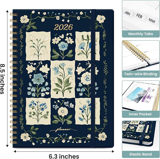 2026 Planner, Monthly and Weekly Calendar Planner for Women, January 2026 - December 2026, Hardcover Pretty 2026 Agenda Planner Book with Tabs, Spiral Bound, Perfect for School Office Home Supplies, 6.3" x 8.5" - Blue Patchwork