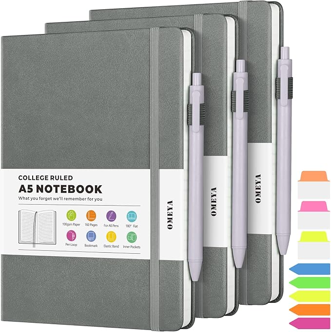 OMEYA Lined Journal Notebook, 3 Pack A5 College Ruled Notebooks for Work, Hardcover Notebook Each with 2 Pockets & Pen, Leather Journal for Women, Men, 160 Pages, 100GSM Thick Paper (Grey)