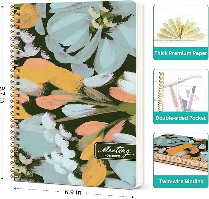 Meeting Notebook for Work Organization, Aesthetic Meeting Minutes Notebook for Work, Event Project Agenda Planner Organizer, Perfect for Office School Business Supplies, 6.9" X 9.7" - Soft Petals