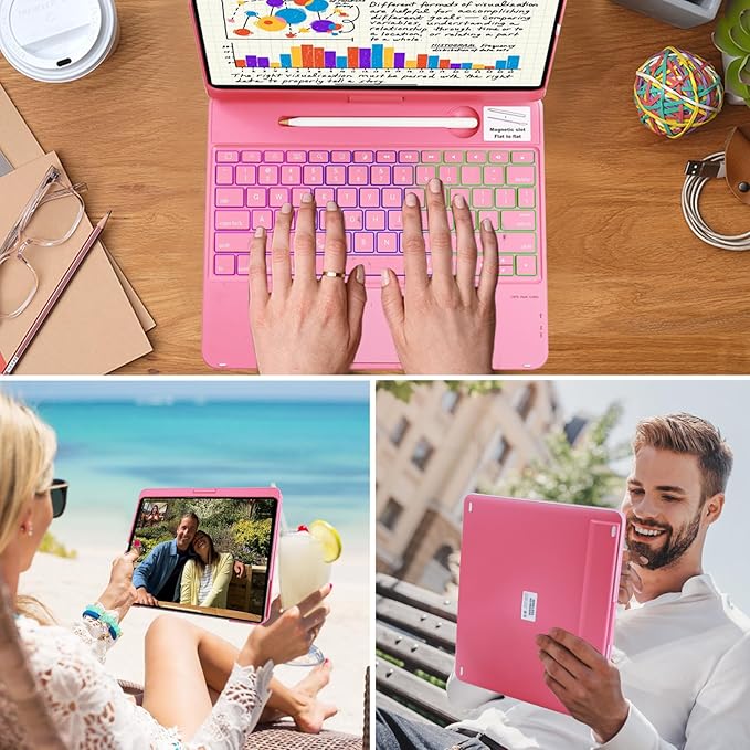 Keyboard Case for iPad Air 13 inch M3 2025&M2 2024, Mulit Touchpad Backlight 360 Rotatable Cover Wireless Pencil Holder Pink