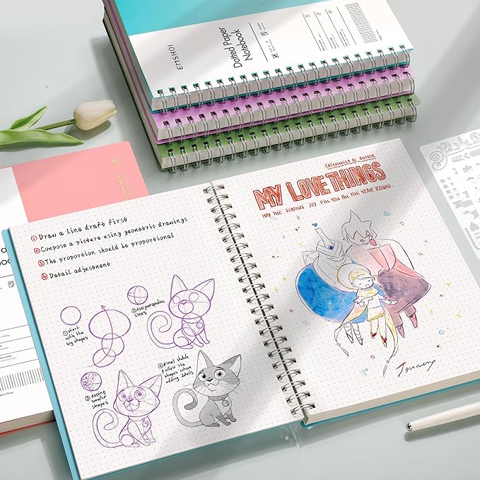 EMSHOI A4 Spiral Dotted Notebook - 150 Sheets (300 Pages), 100gsm Dot Grid Journal, Waterproof Softcover, Twin-Wire Binding Journal for School, Work, Writing, Bullet Journaling - 11.2"x8.27" Pink