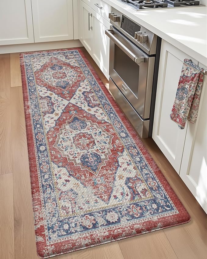 Color&Geometry Kitchen Floor Mats Anti Fatigue, Cushioned Boho Rugs,Waterproof Non Slip Kitchen Runner for Sink, Standing Mats for Office,24"x59",Red