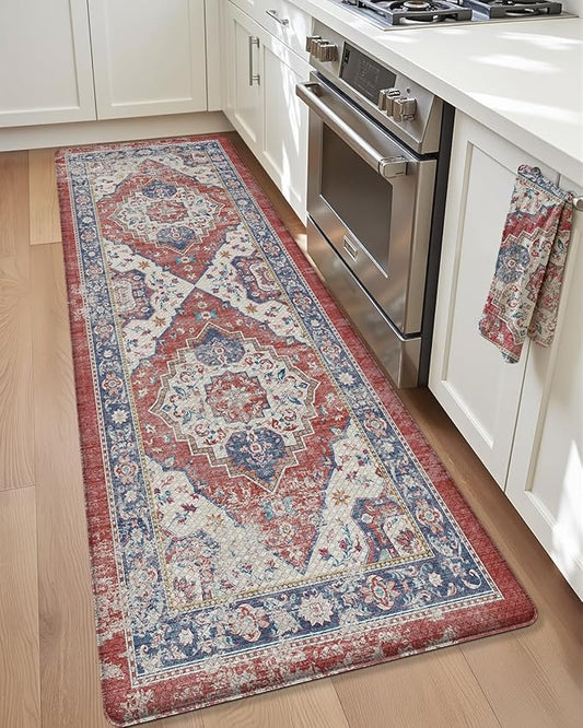 Color&Geometry Kitchen Floor Mats Anti Fatigue, Cushioned Boho Rugs,Waterproof Non Slip Kitchen Runner for Sink, Standing Mats for Office,24"x59",Red