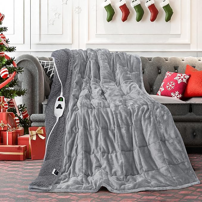 greenoak Heated Weighted Blanket for Adults - Sherpa Fleece Electric Throw Blanket (48”x72”, 15lbs, Light Gray) - Thick Soft Warming Plush Heating Blanket with 10 Heating Levels & 1-8 Hours Auto Off