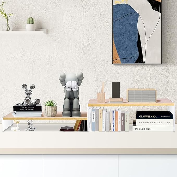 YGYQZ Wood Adjustable Monitor Riser for Desk, 2 Tier Dual Monitor Stand with Acrylic Legs Office Desk Shelf Organizer for Laptop, PC, Printer, Computer (wood-wavy)