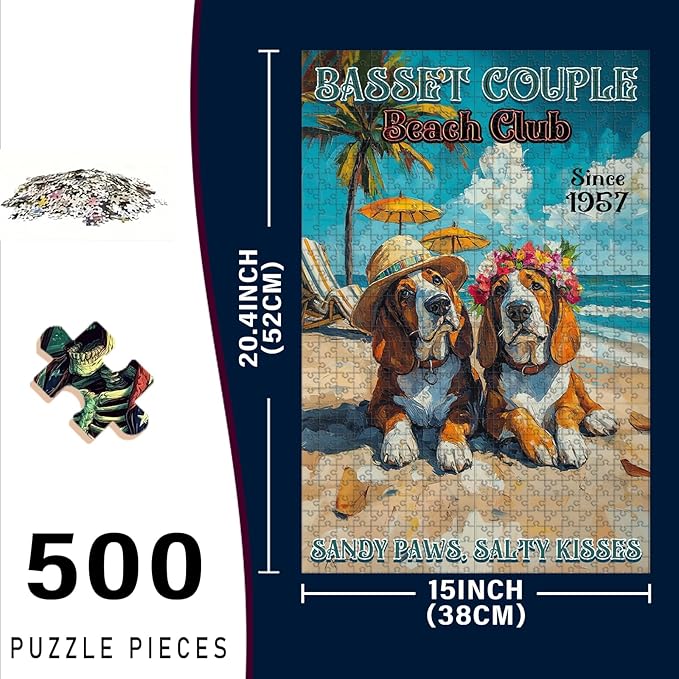 500 Piece Wooden Jigsaw Puzzle Basset Hound Dog Basset Couple for The Soul for Adults & Kids Challenging Family Activity with Stress Relief & Focus Training 20.4x15 Inch