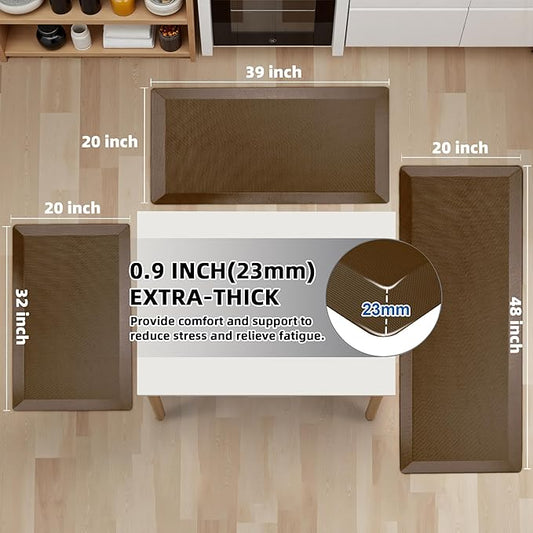 2 PCS Anti Fatigue Kitchen Mats for Floor, Brown 9/10 Extra Thick Cushioned Standing Desk Mat, Comfort Memory Foam Ergonomic Rugs and Mats Non-Slip Waterproof for Office, Kitchen, 20"x32"+20"x48"